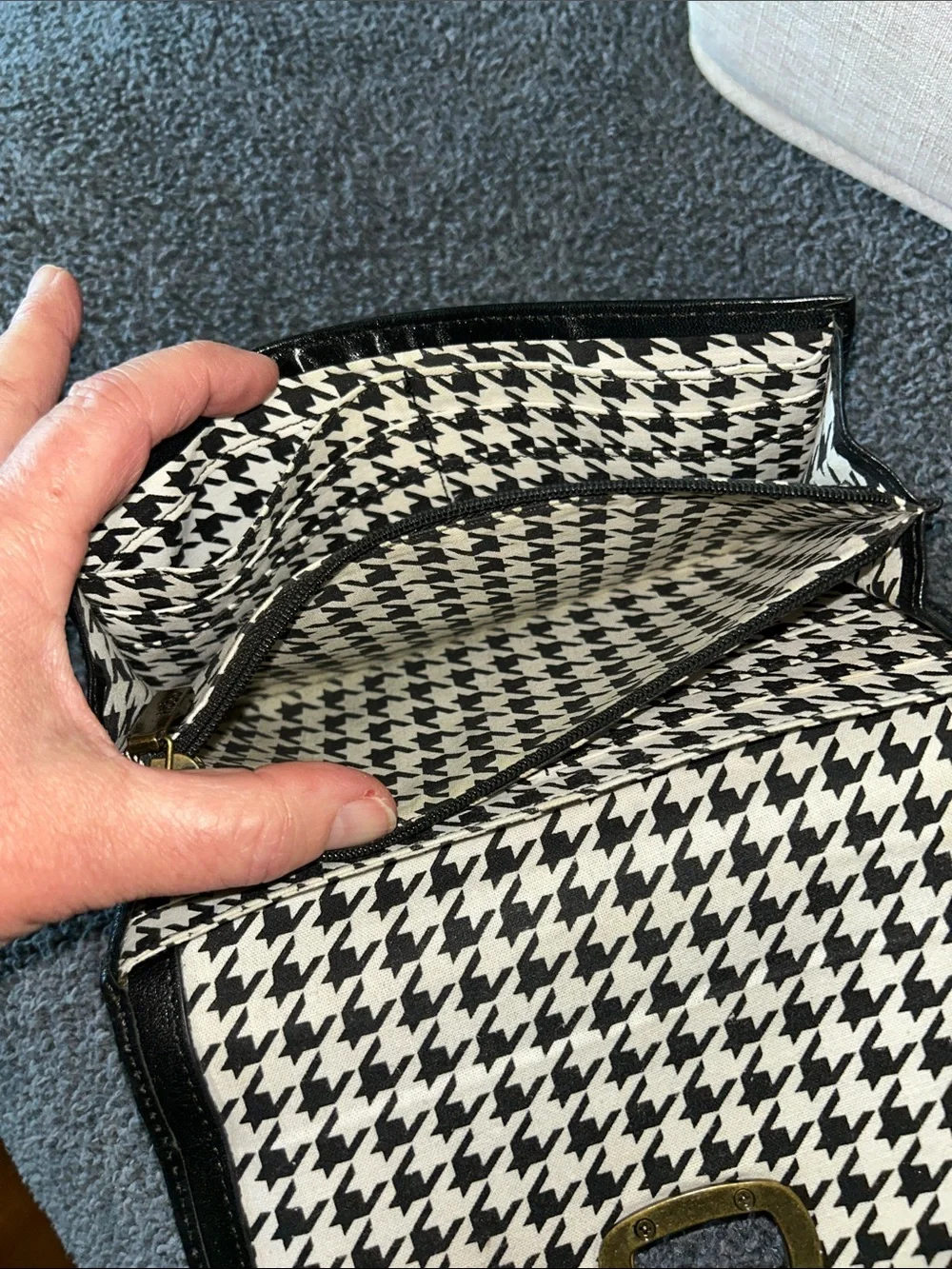 HOBO Black Leather Phone Wallet with Brass-Tone and houndstooth interior